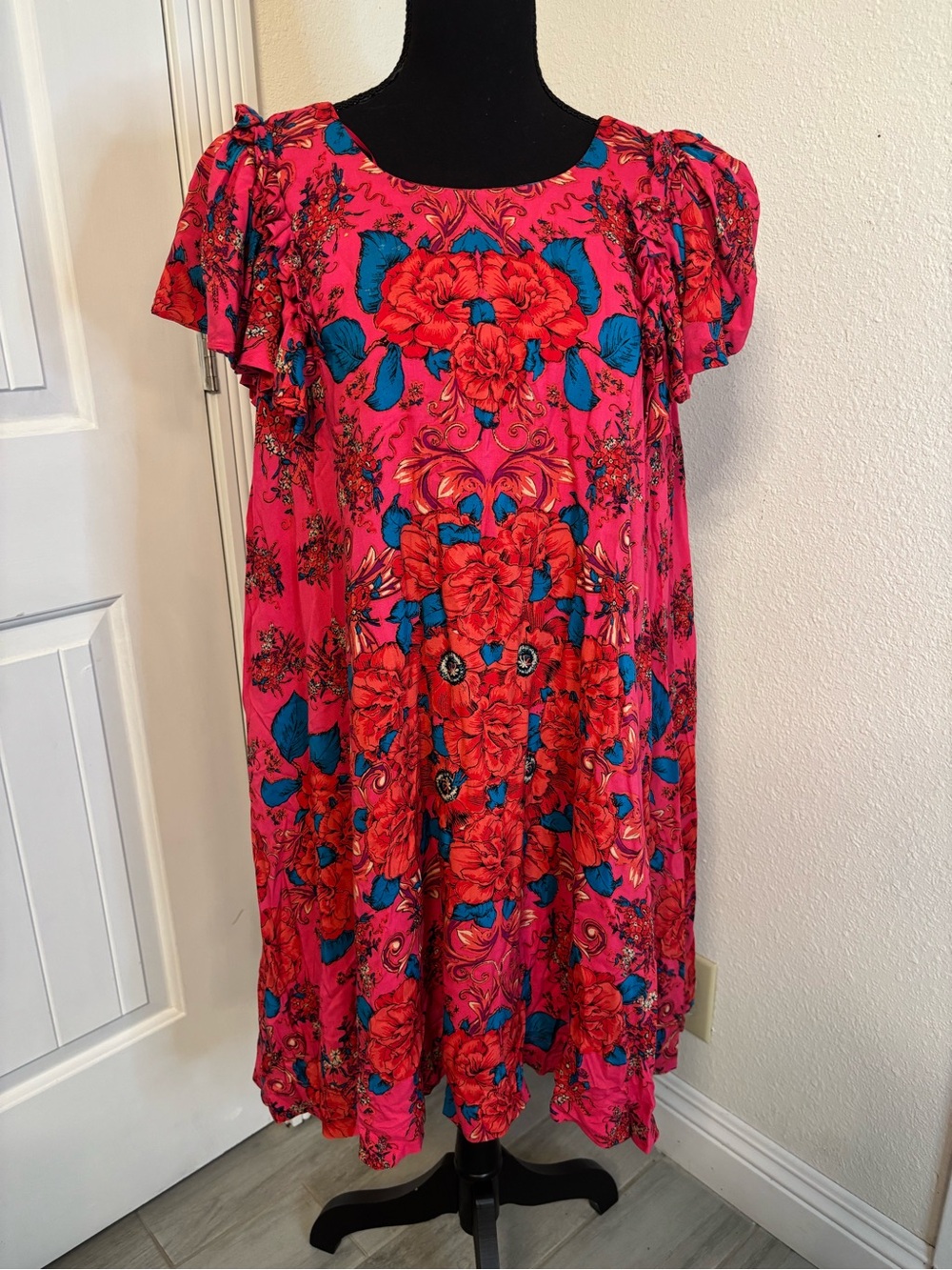 Free People Hot Pink Floral Midi Dress with Teal Accents